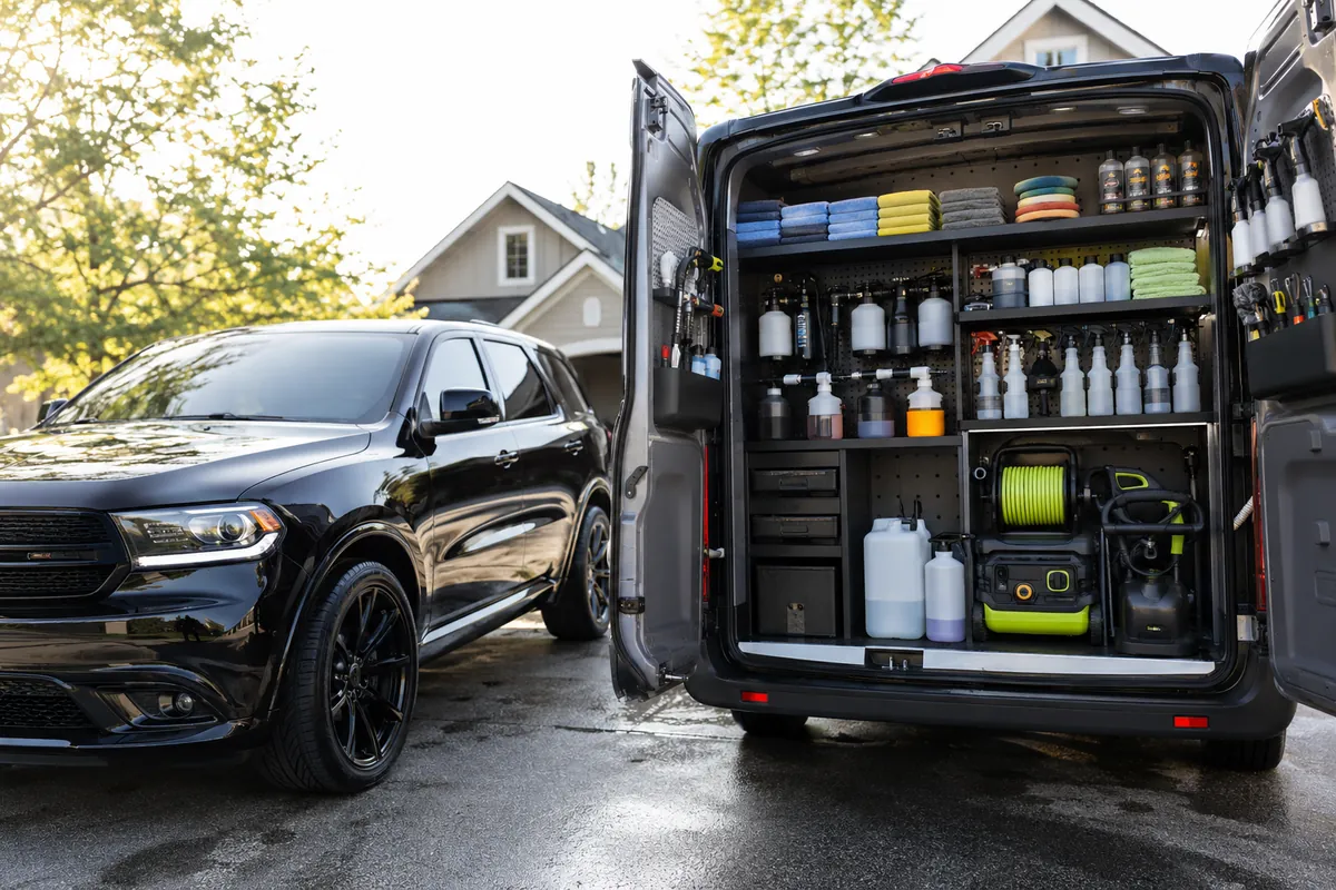A mobile detailer's van with organized shelves of supplies beside a freshly detailed SUV