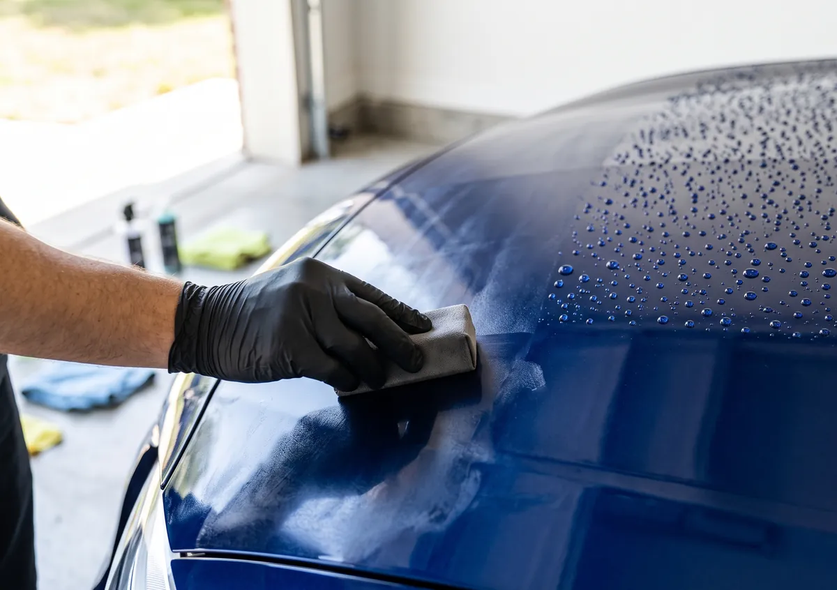 A gloved hand applies ceramic coating to a car hood as water beads on the finished half